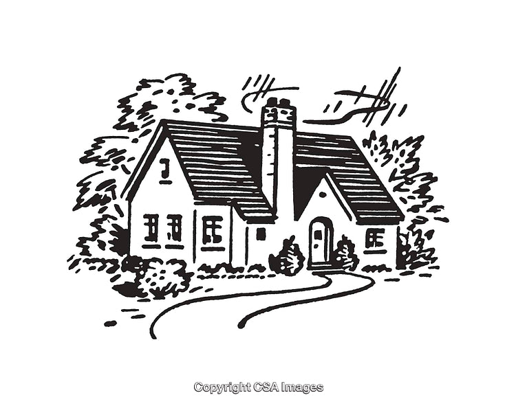 Black And White Cottage Illustration with Detailed Line Art Style