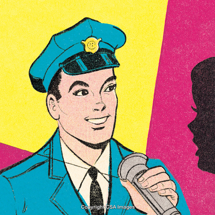 Retro Comic Illustration of Policeman Holding a Microphone