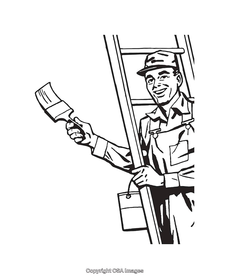 Black and White Illustration of a Painter Holding a Brush on a Ladder