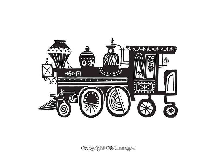 Black And White Artistic Line Art of a Decorative Steam Train