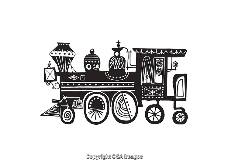 Black And White Artistic Line Art of a Decorative Steam Train