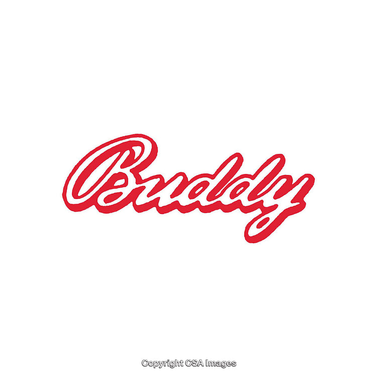 Red Cursive Typography Word 'Buddy' on White Background