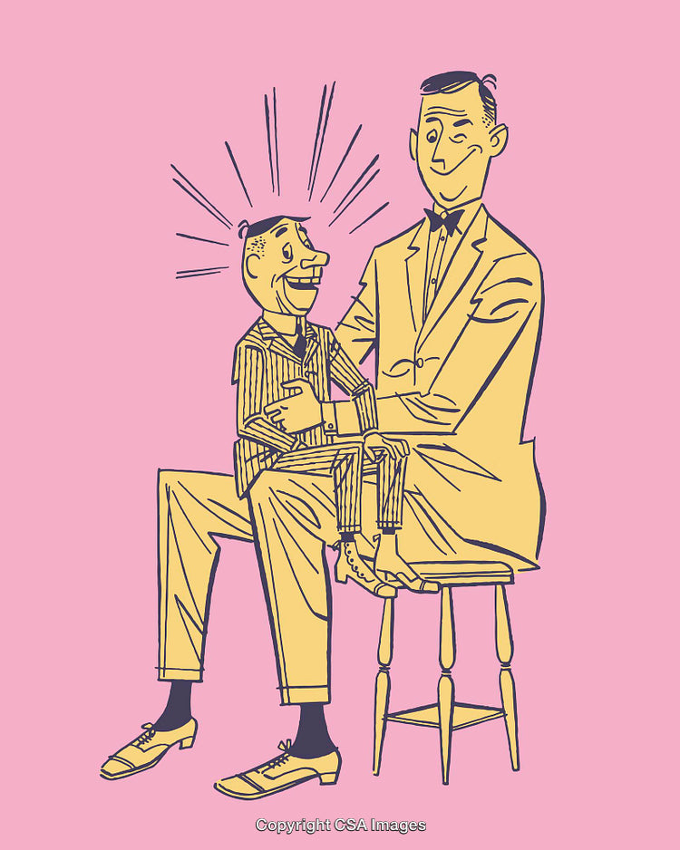 Vintage Illustration of Ventriloquist Performing with Dummy on Stage