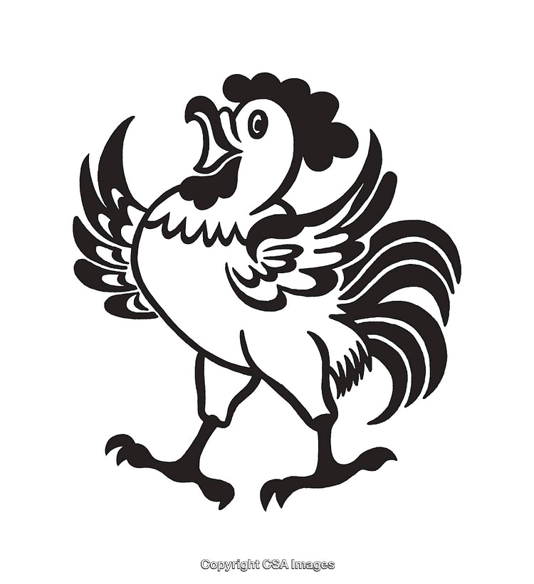 Detailed Black and White Line Art Illustration of a Rooster
