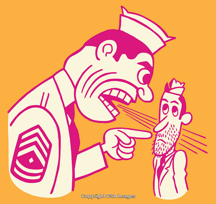 Illustration of a Military Drill Instructor Yelling at a Nervous Recruit