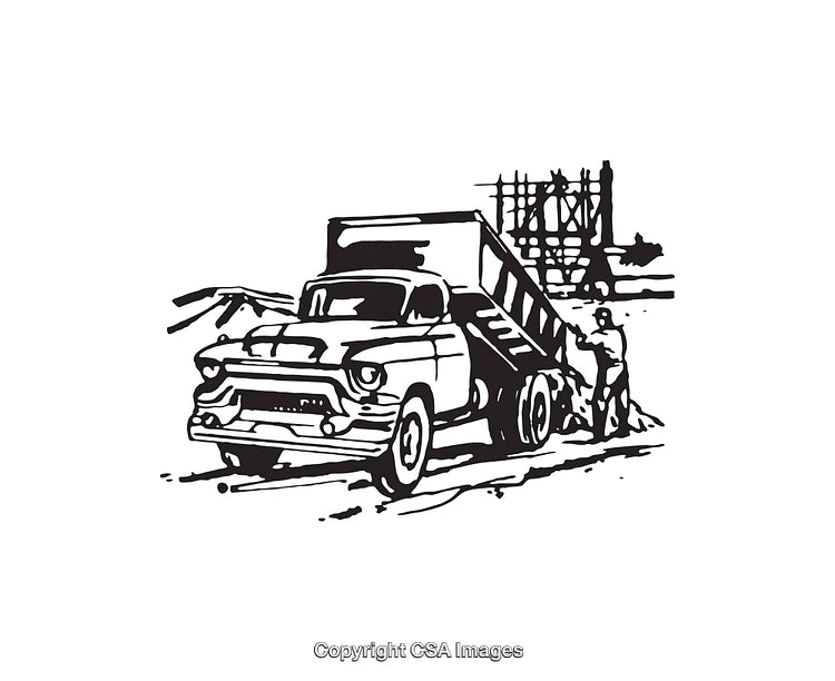 Vintage Line Art of a Dump Truck at a Construction Site