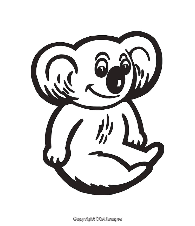Black And White Line Art Illustration of a Cheerful Cartoon Koala
