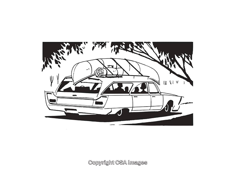 Classic Car Packed for an Outing with Canoe and Family