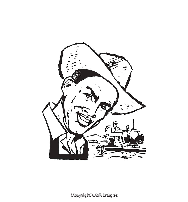 Black and White Line Art of a Farmer With a Hat