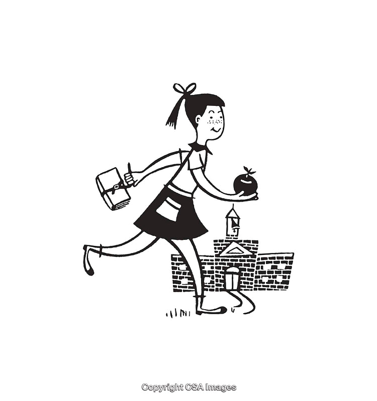 Black-and-White Line Art of Girl Carrying Items Near School