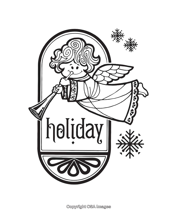 Black And White Line Illustration of a Holiday Angel with Snowflakes