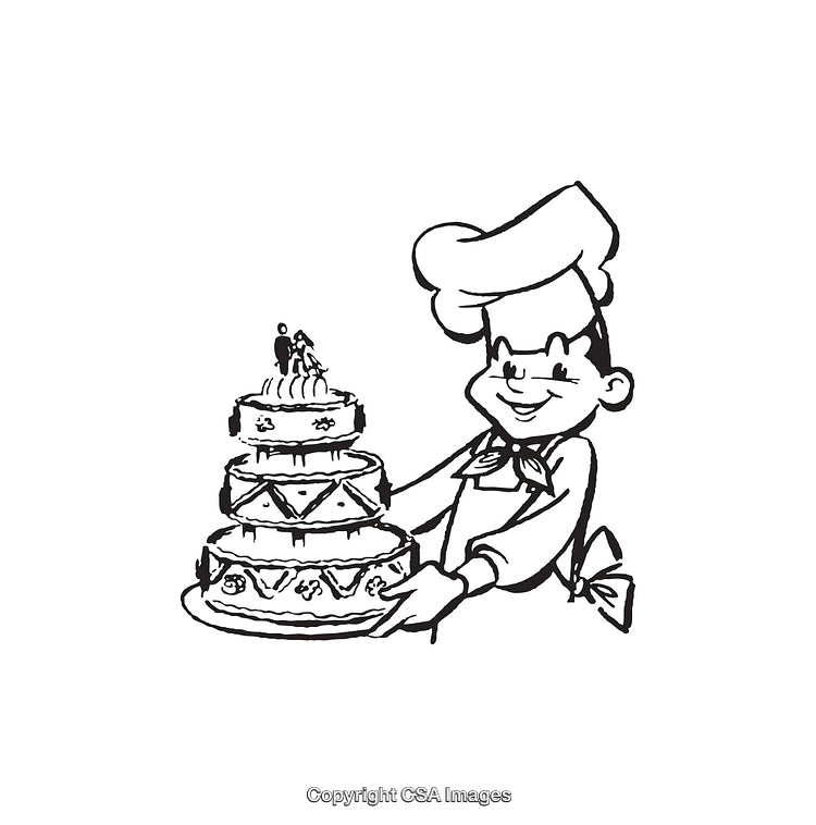 Chef Presenting Ornate Wedding Cake in Black and White Line Art