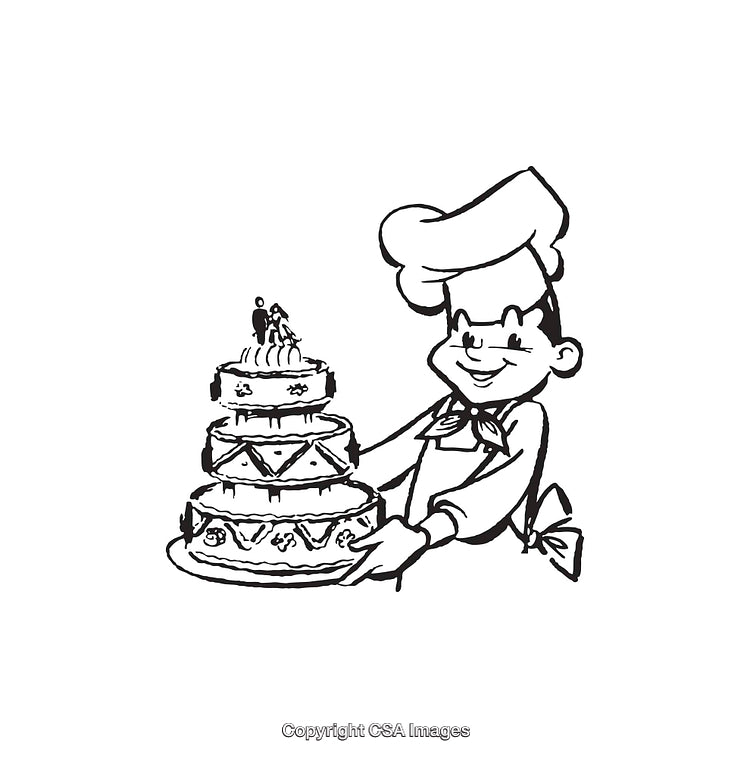 Chef Presenting Ornate Wedding Cake in Black and White Line Art