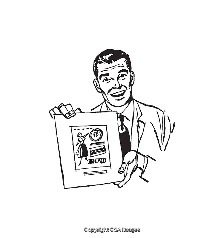 Retro Black-and-White Illustration of a Man Showcasing a Document or Ad