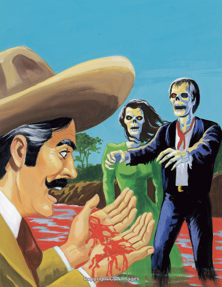 Stylized Vintage Illustration of Zombies Approaching by a River