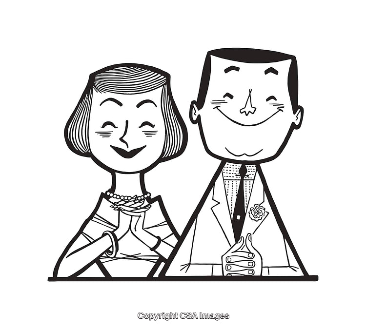 Retro-Inspired Black and White Line Art of Smiling Couple