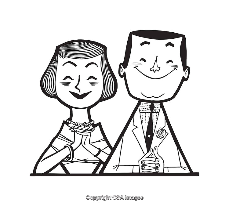 Retro-Inspired Black and White Line Art of Smiling Couple