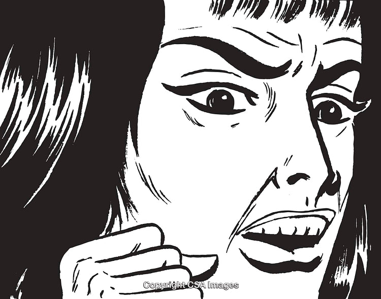 Black and White Illustration of a Woman Expressing Shock or Fear
