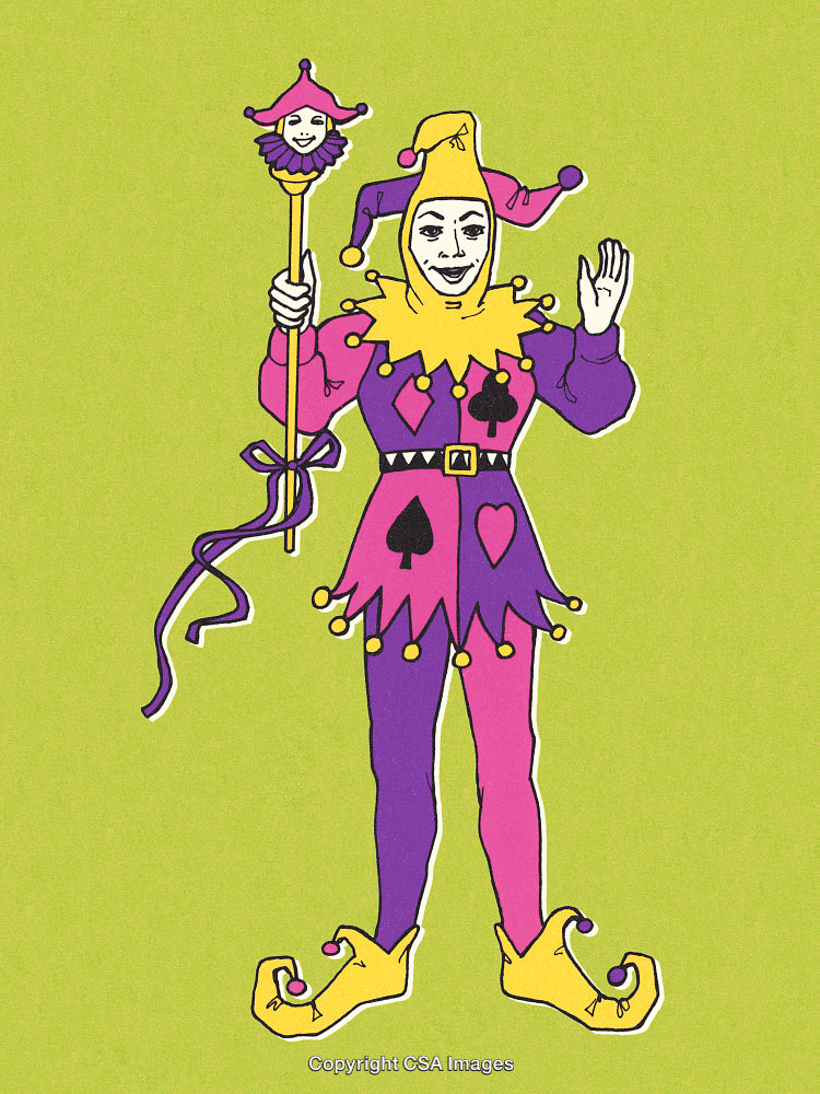 Colorful Jester Waving with Staff in Hand on Green Background