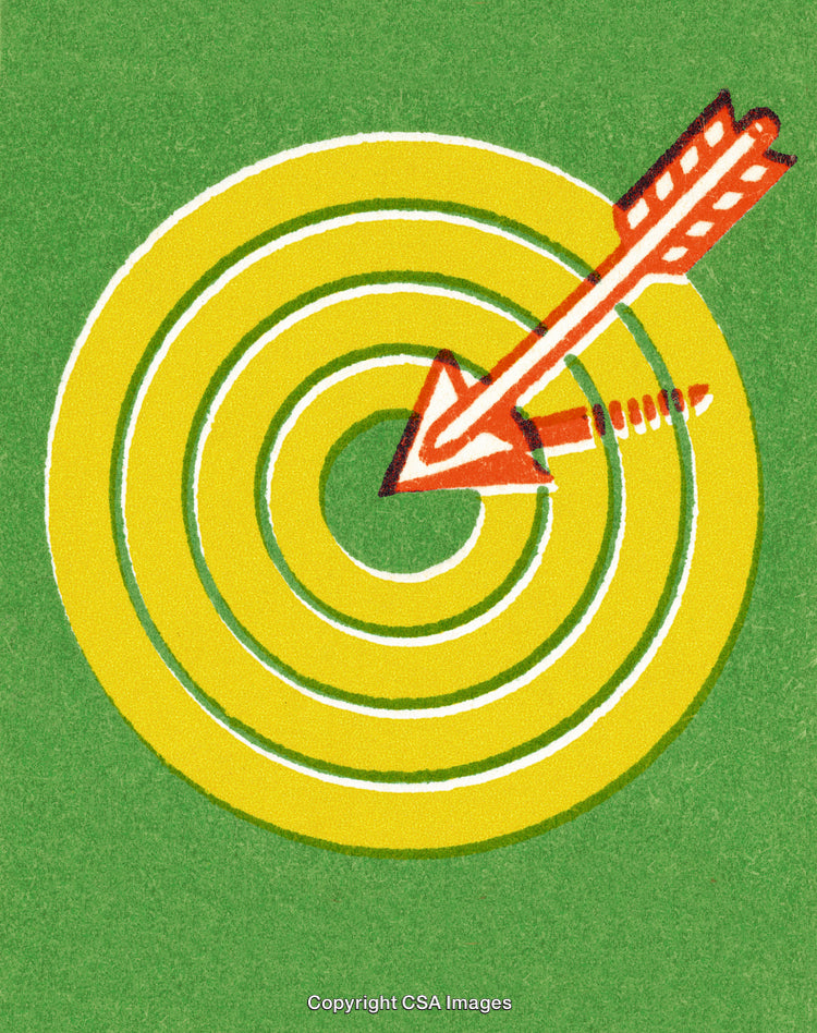 Bright Graphic Arrow Hitting Bullseye Target on Textured Green Background