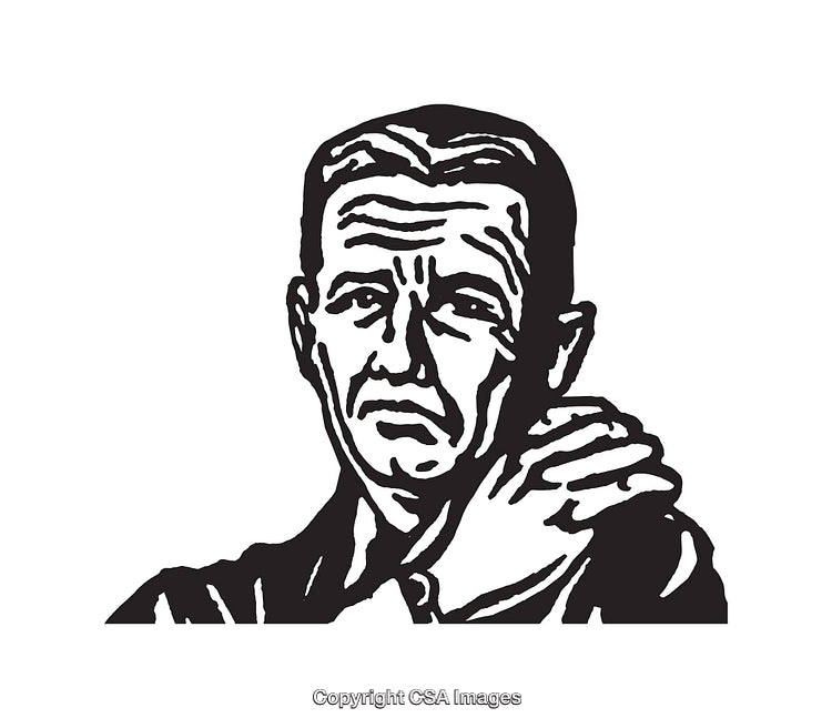 Black and White Line Art of a Thoughtful Man Holding His Shoulder