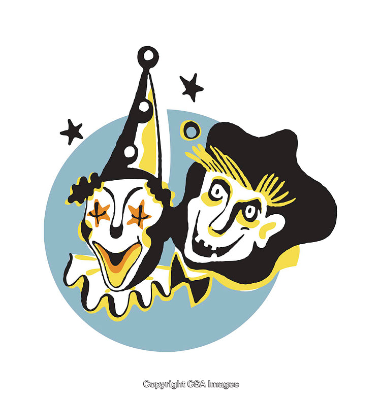 Whimsical Clown Faces in Colorful Artistic Cartoon Illustration
