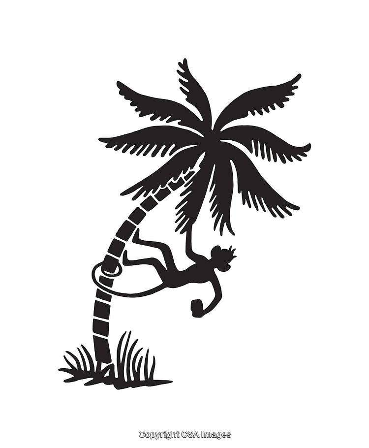 Illustration of a Monkey Climbing a Palm Tree in Black and White