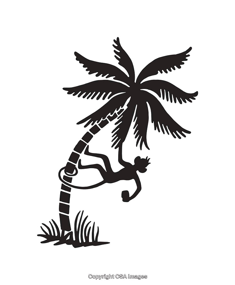 Illustration of a Monkey Climbing a Palm Tree in Black and White