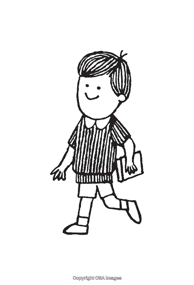 Black And White Line Art of Smiling Boy Walking With Book
