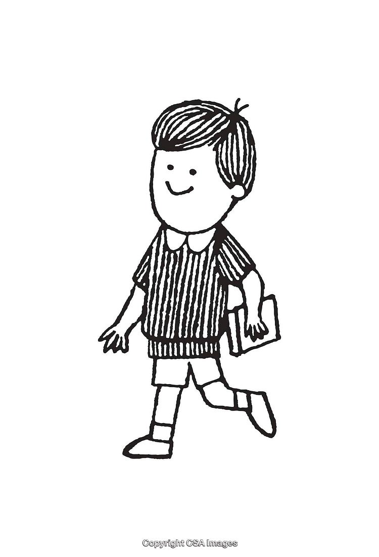 Black And White Line Art of Smiling Boy Walking With Book