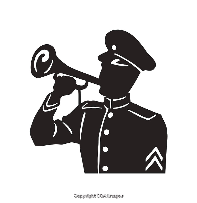 Silhouette of Military Bugler Playing a Trumpet in Black and White Illustration