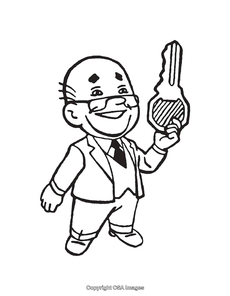 Cartoon Character Holding a Key in Black and White Line Art
