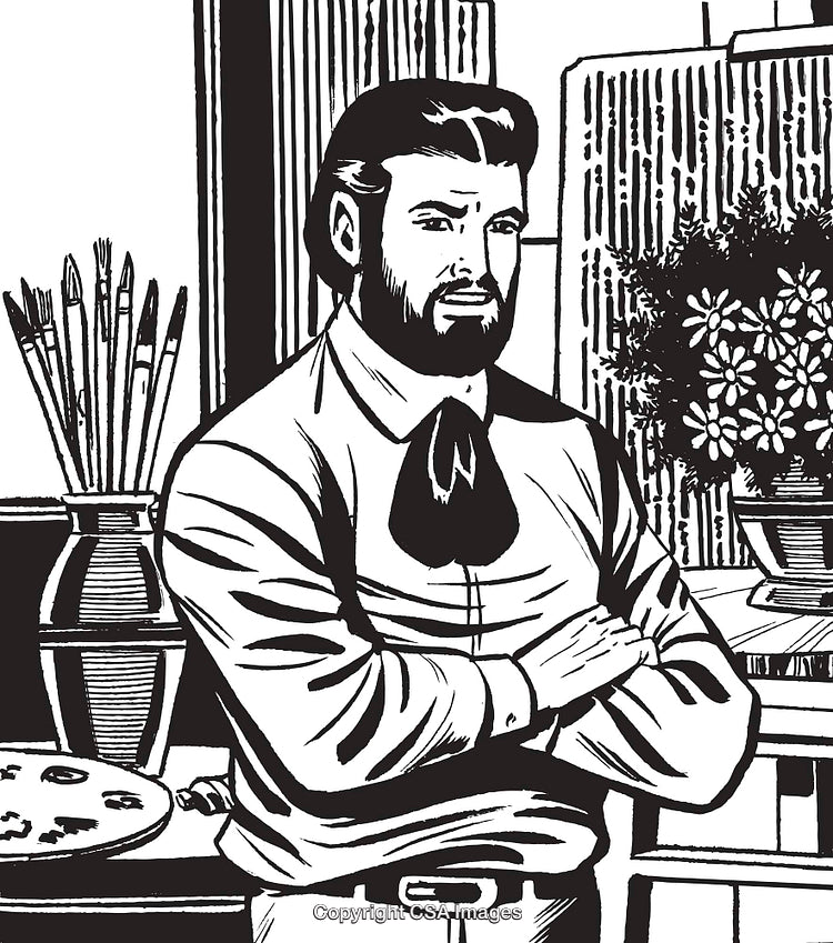 Vintage Illustration of Male Artist Standing Confidently with Studio Background