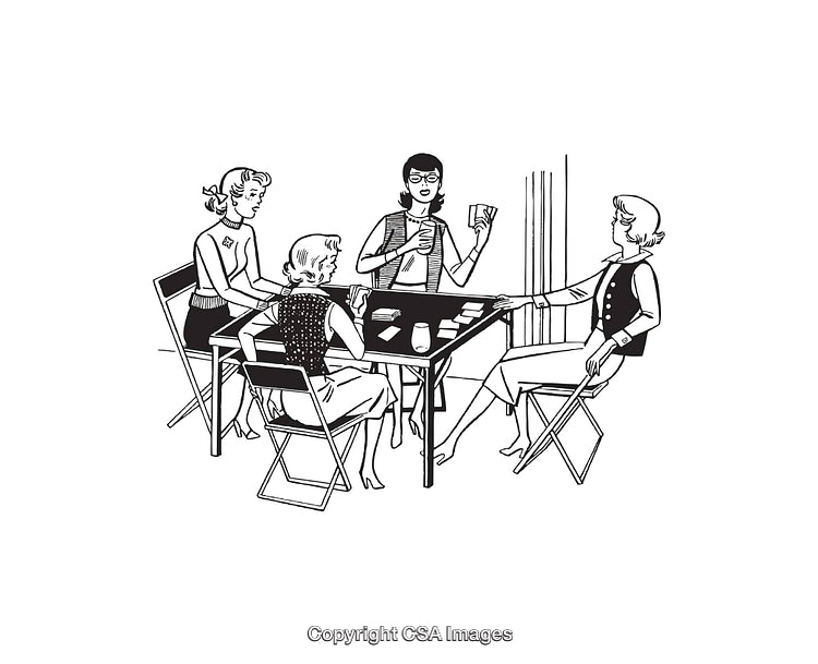 Black And White Illustration of Women Playing Cards Around a Table
