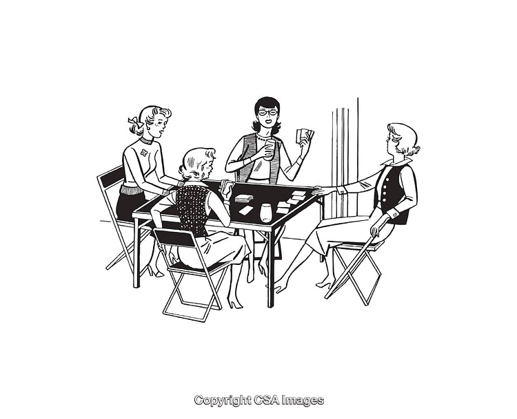Black And White Illustration of Women Playing Cards Around a Table