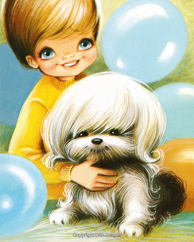 Illustration of a Child Holding a Cute Shih Tzu Dog With Balloons