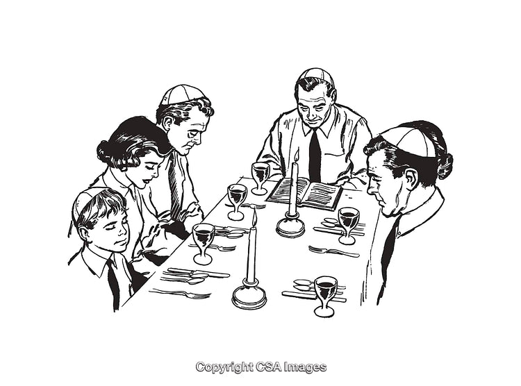 Family Observing Religious Tradition at a Dinner Table in Line Art Style