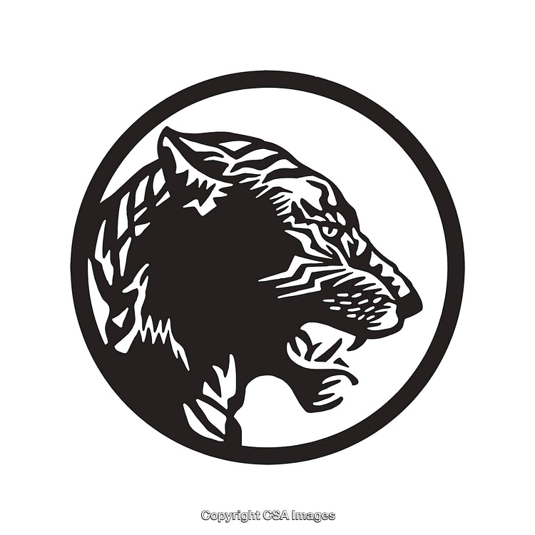 Black and White Line Art of Tiger Profile Enclosed in Circle Emblem