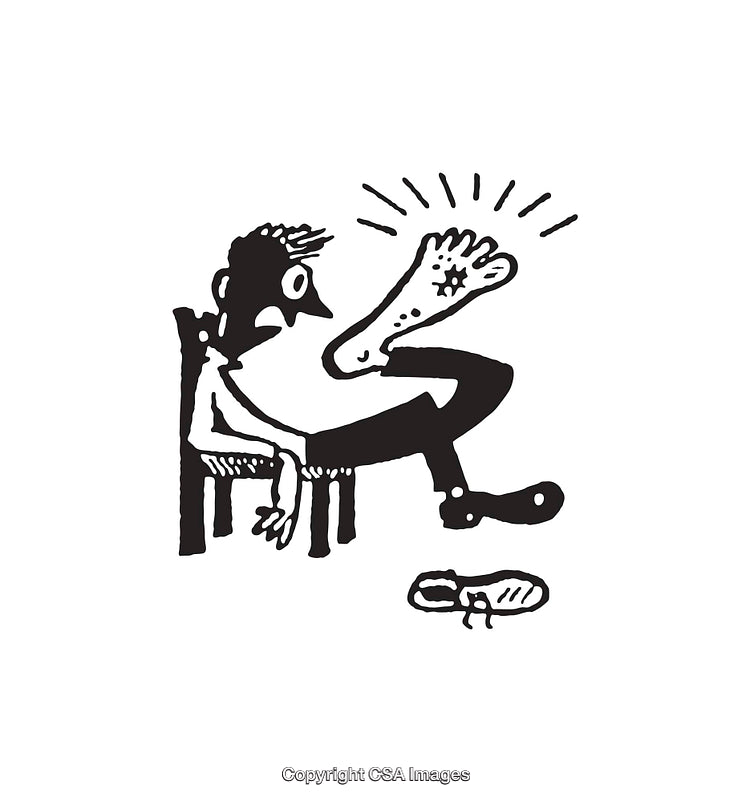 Black and White Line Art of Surprised Man Examining His Foot