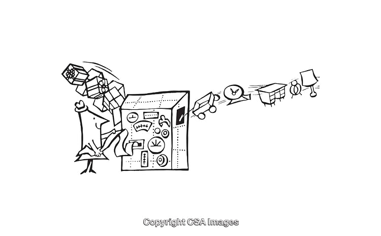 Creative Line Art Depicting a Bird Operating a Machine With Objects