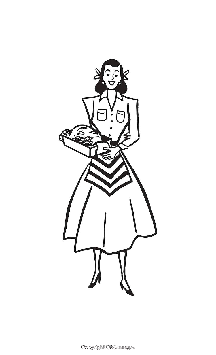 Vintage Line Art Illustration of a Woman Holding a Tray with Food