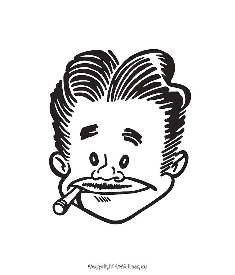 Vintage Black and White Cartoon of a Smiling Face with a Cigarette