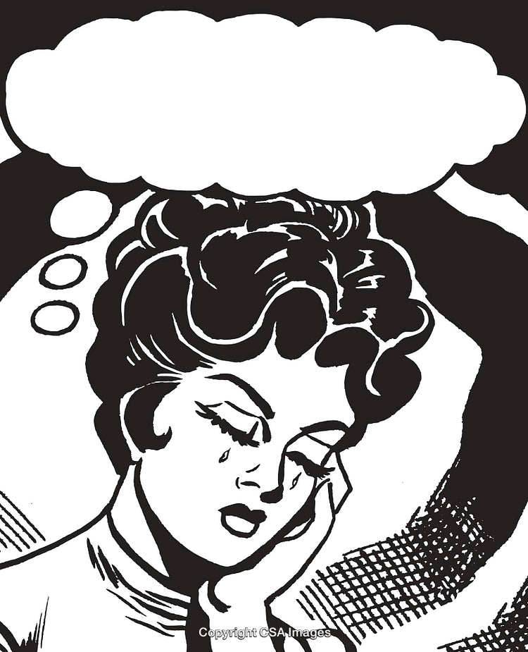 Illustration of a Tearful Woman with a Thought Bubble Above