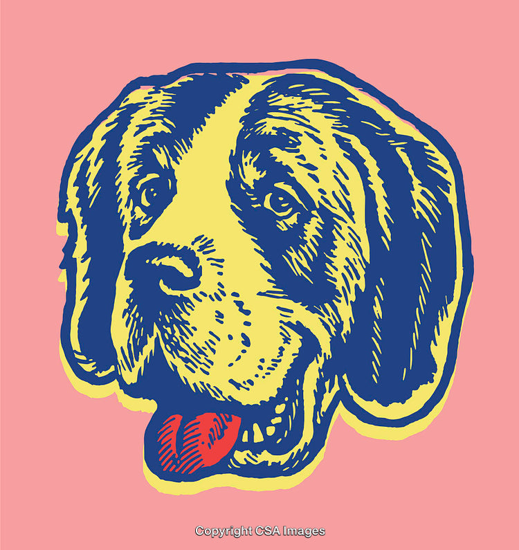 Colorful Pop Art Illustration of a Dog Head on Pink Background