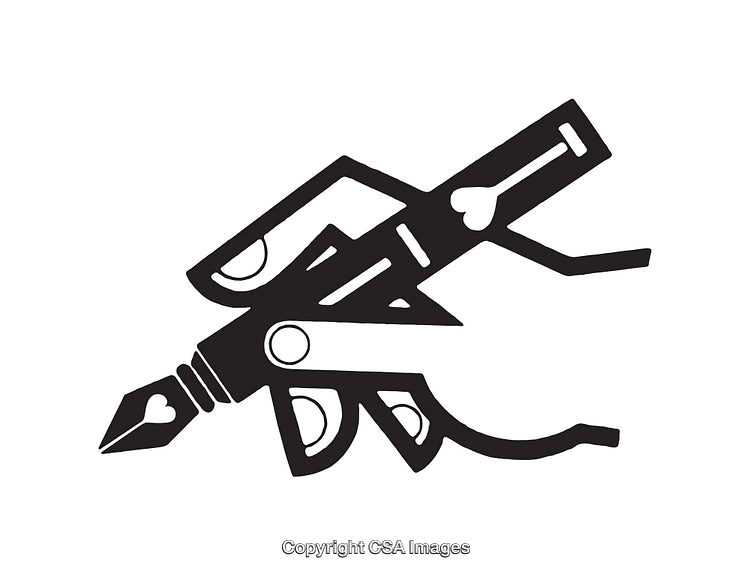 Black and White Line Art Illustration of Stylized Hand Holding a Pen