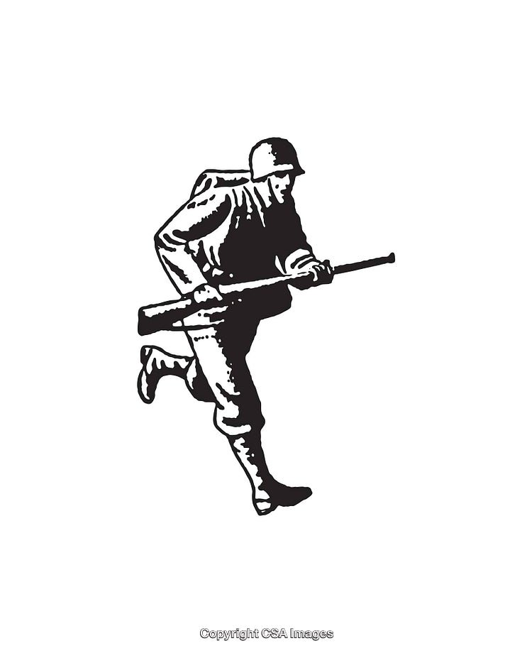 Black and White Illustration of Soldier Running with Rifle in Hand
