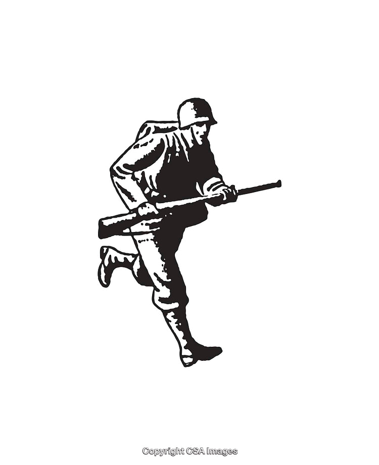 Black and White Illustration of Soldier Running with Rifle in Hand