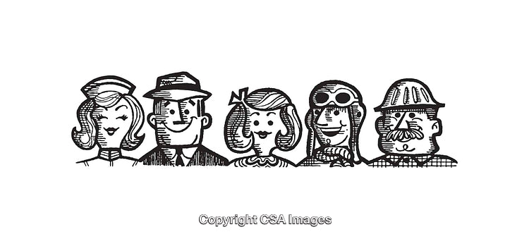 Vintage Line Art Illustration of Diverse Professions in Black and White Style
