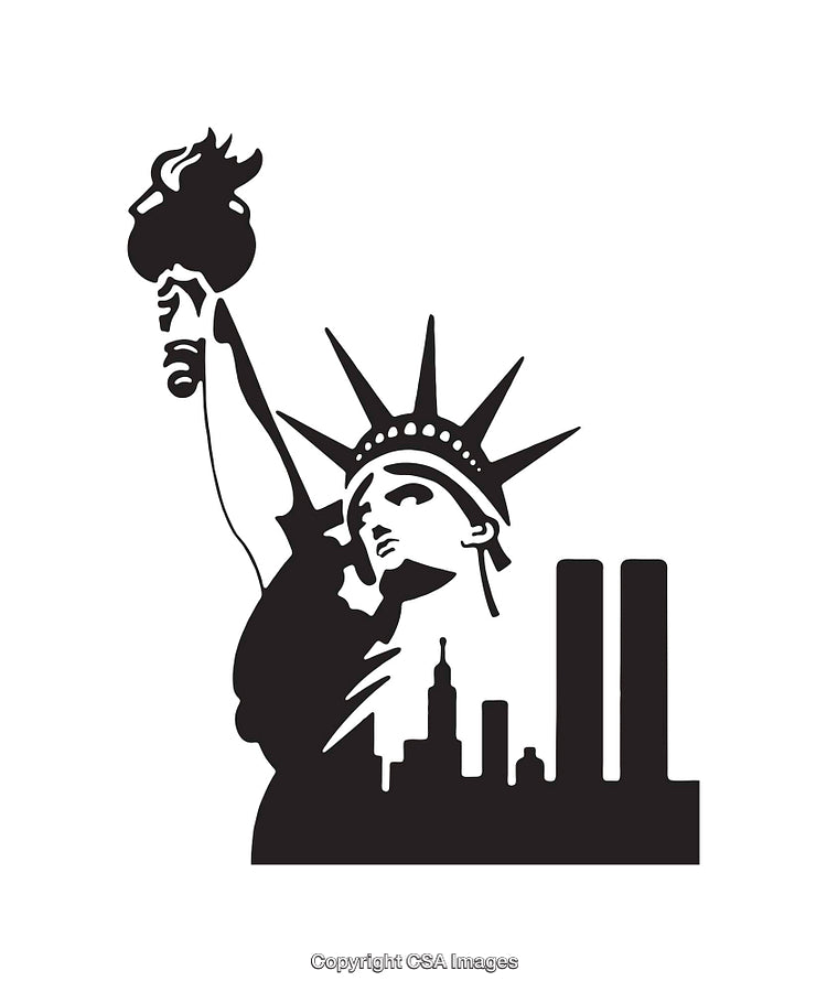 Silhouette Illustration of the Statue of Liberty and New York City Skyline