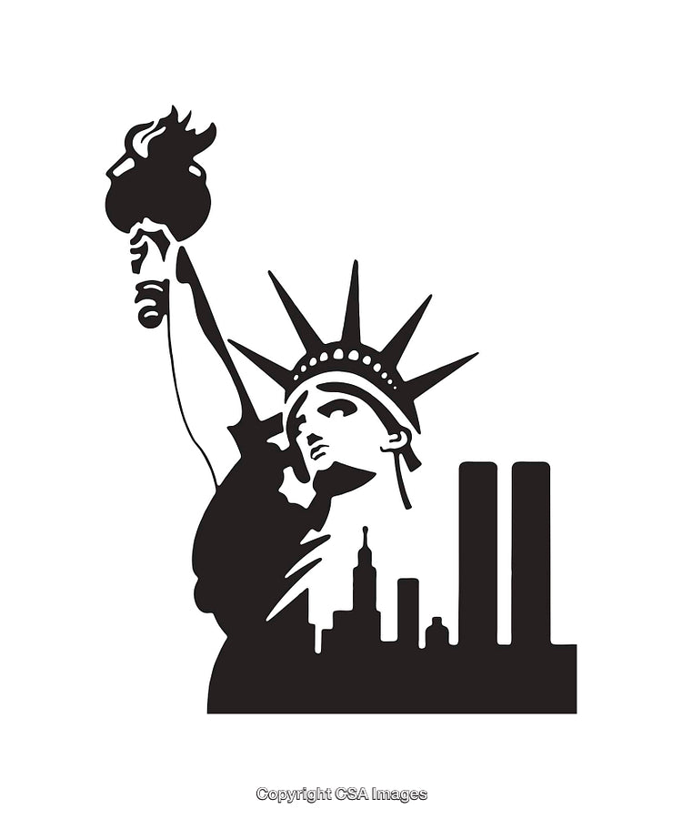 Silhouette Illustration of the Statue of Liberty and New York City Skyline